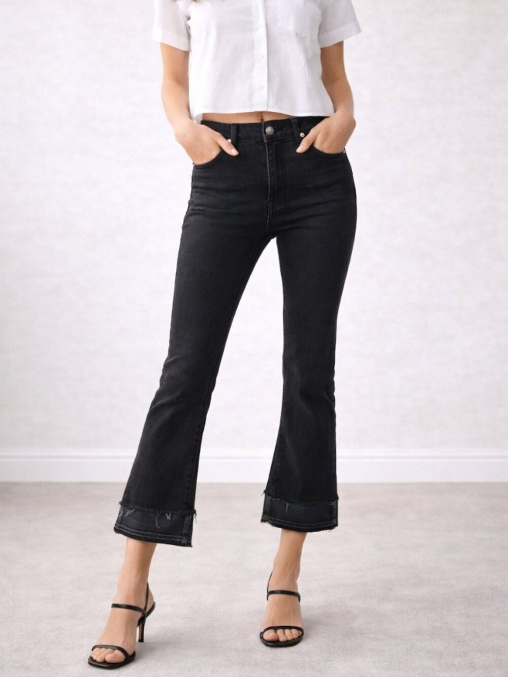 RAG AND BONE 10 Inch Crop Flare Double Hem Raw Hem Black Jeans In Coal